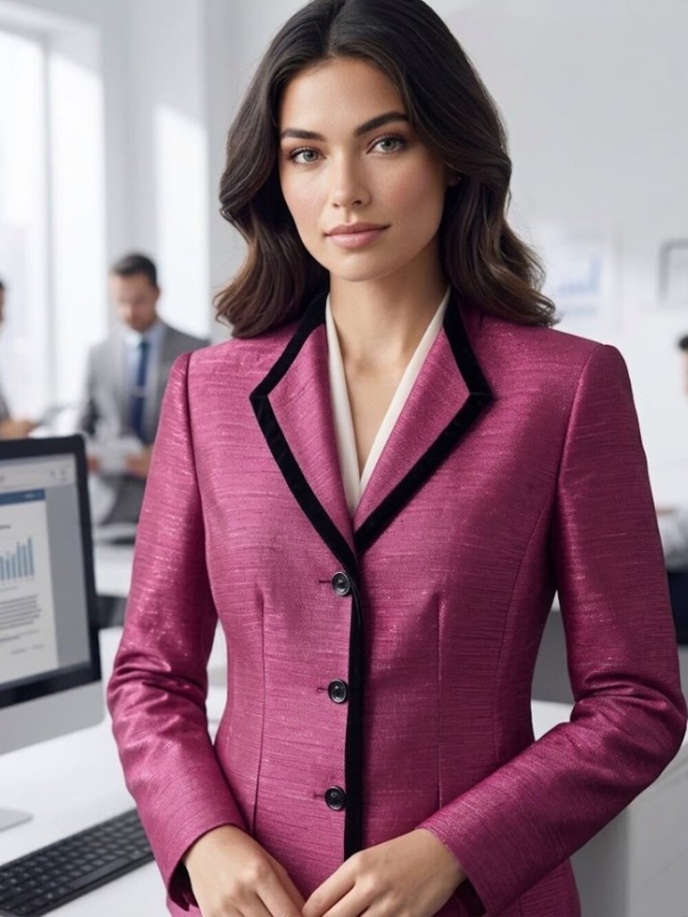 Vintage Jones Studio Magenta Blazer Size 8 Velvet Trim Metallic Pink Jacket